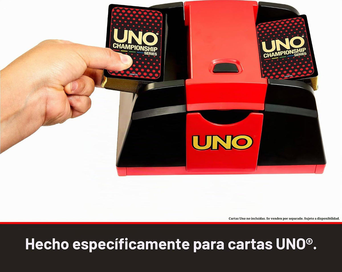 Mattel Games UNO Championship Series - Barajador de cartas para tarjetas UNO y compatible con barajas estándar, pulsador y baraja hasta 224 cartas