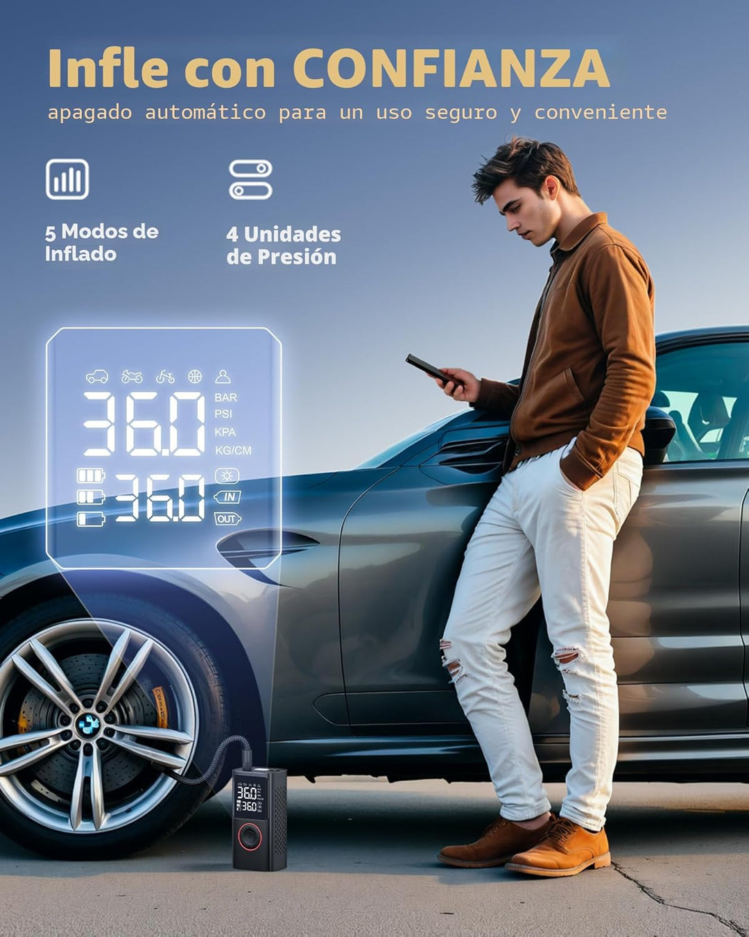 Powools Inflador de neumáticos, compresor de aire portátil, bomba d...