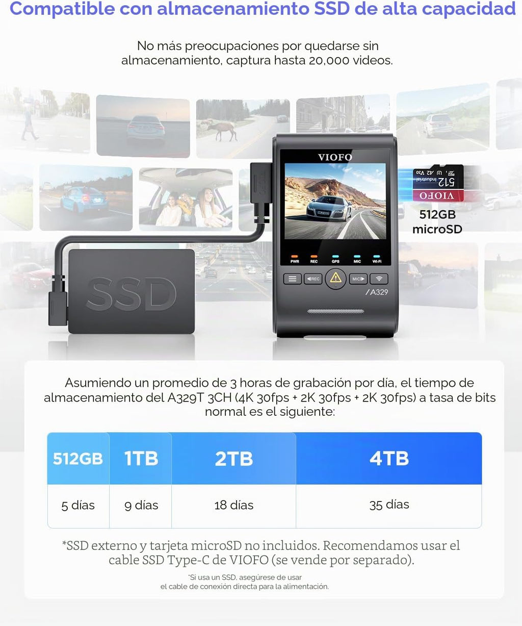 VIOFO A329T 4K 3CH Dash Cam Teleobjetivo delantero trasero, STARVIS 2 HDR