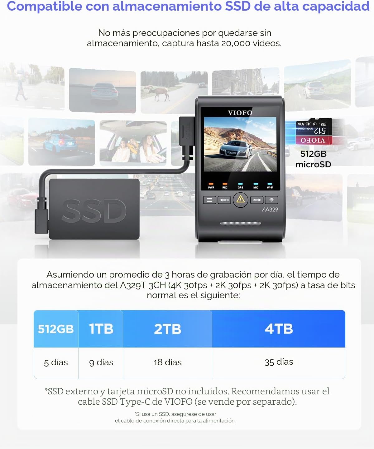 VIOFO A329T 4K 3CH Dash Cam Teleobjetivo delantero trasero, STARVIS 2 HDR