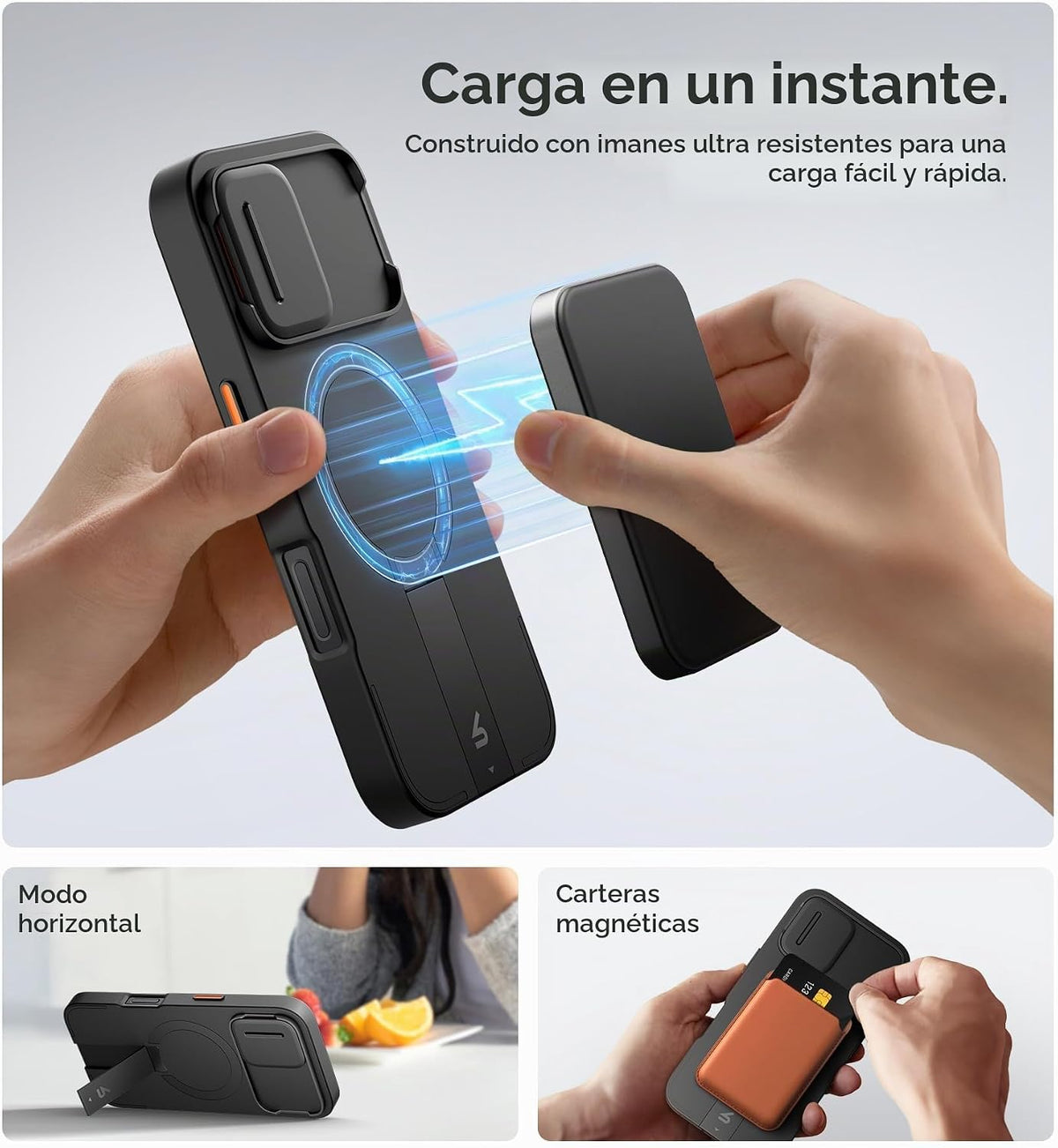 SURITCH Funda para iPhone 16 con cubierta magnética para cámara deslizante y soporte ajustable, compatible con MagSafe, funda protectora delgada a prueba de golpes de 6.1 pulgadas, color negro