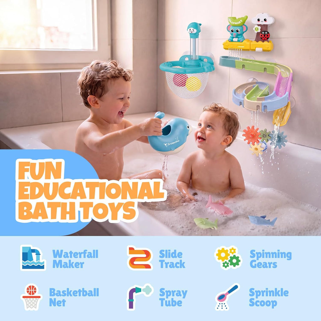Juguetes de baño para niños pequeños, juego de juguetes de pista de cascada montado en la pared con elefante y ducha de árbol, tubo de pulverización de agua, engranajes giratorios, pista deslizante de