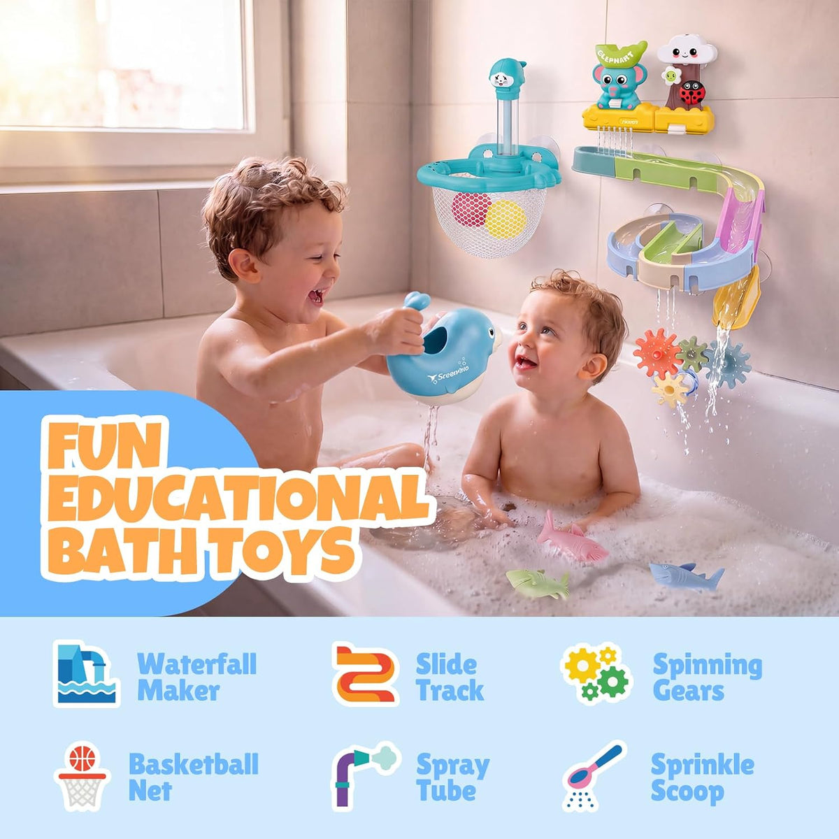 Juguetes de baño para niños pequeños, juego de juguetes de pista de cascada montado en la pared con elefante y ducha de árbol, tubo de pulverización de agua, engranajes giratorios, pista deslizante de