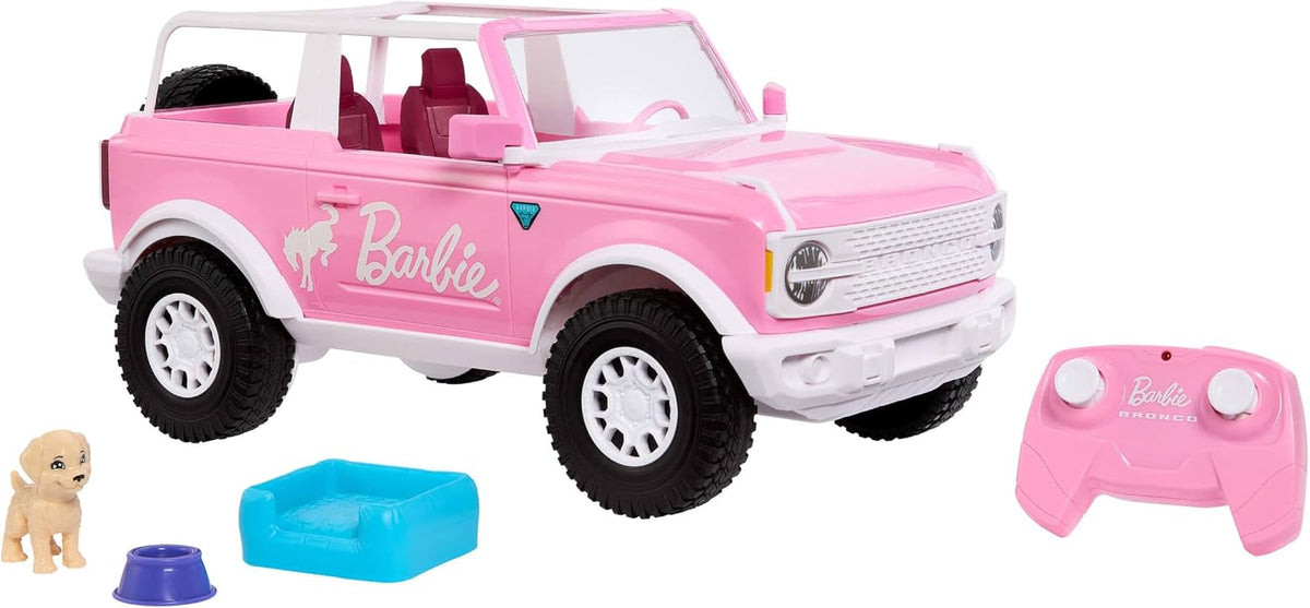 Hot Wheels RC Barbie Ford Bronco - Auto de juguete con control remoto, vehículo RC con accesorio para cachorros, cama y cuenco para perro, además de calcomanías para personalización, se adapta a 2