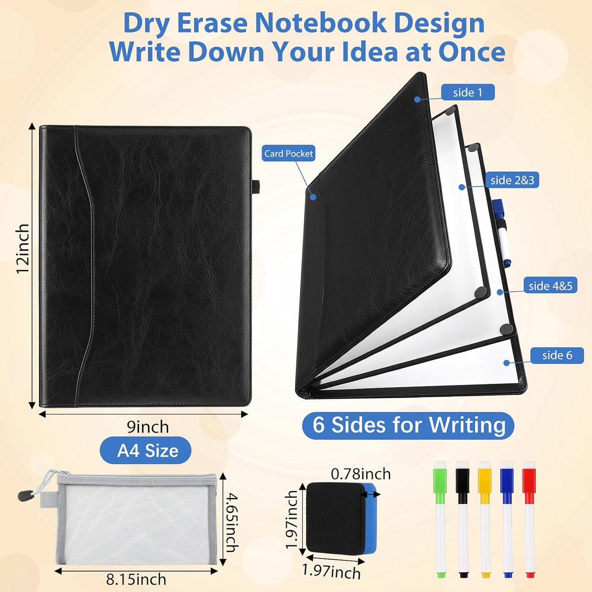 Feifeiya Cuaderno portátil de borrado en seco de 6 lados, negro, A4 9" X 12