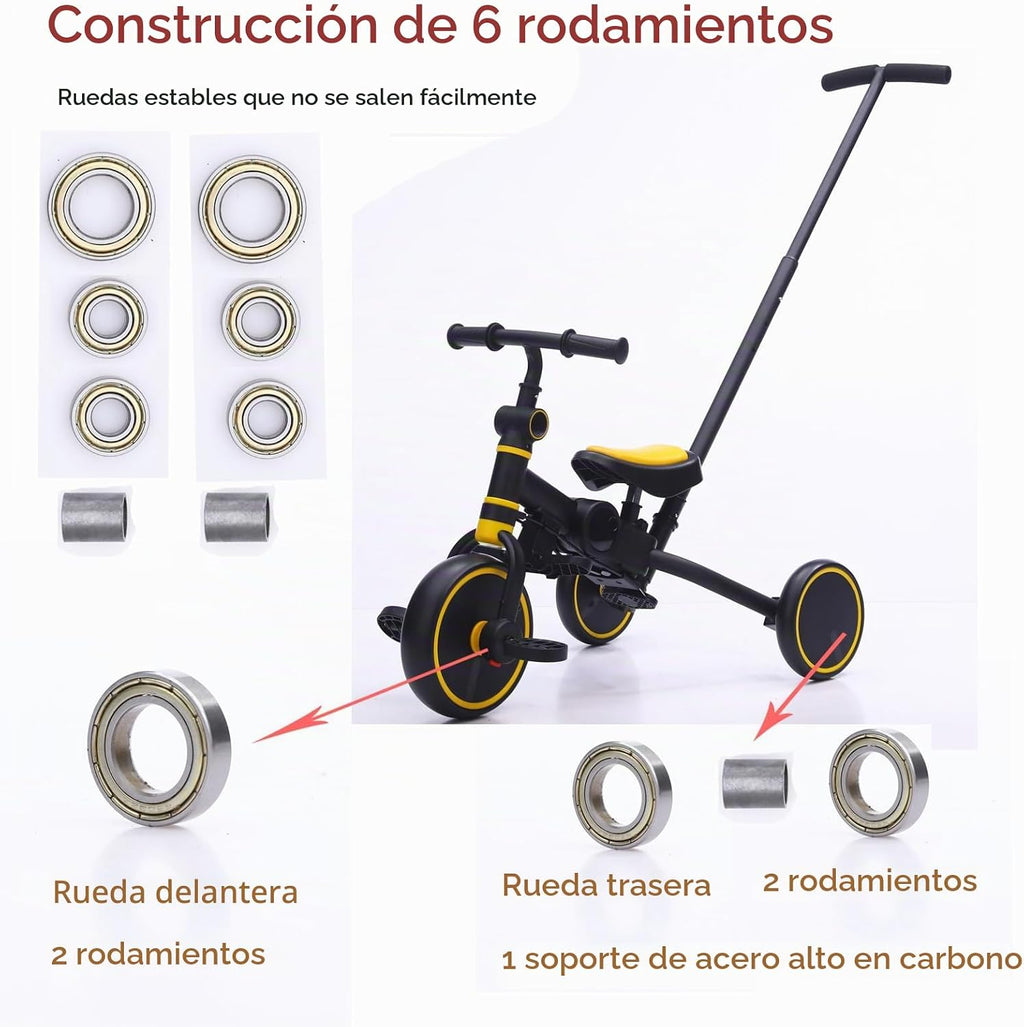 Bicicleta de equilibrio de triciclo 5 en 1 para niños con mango de empuje ajustable, triciclo convertible para niños pequeños, ruedas de EVA, edades de 12 meses a 5 años (amarillo)