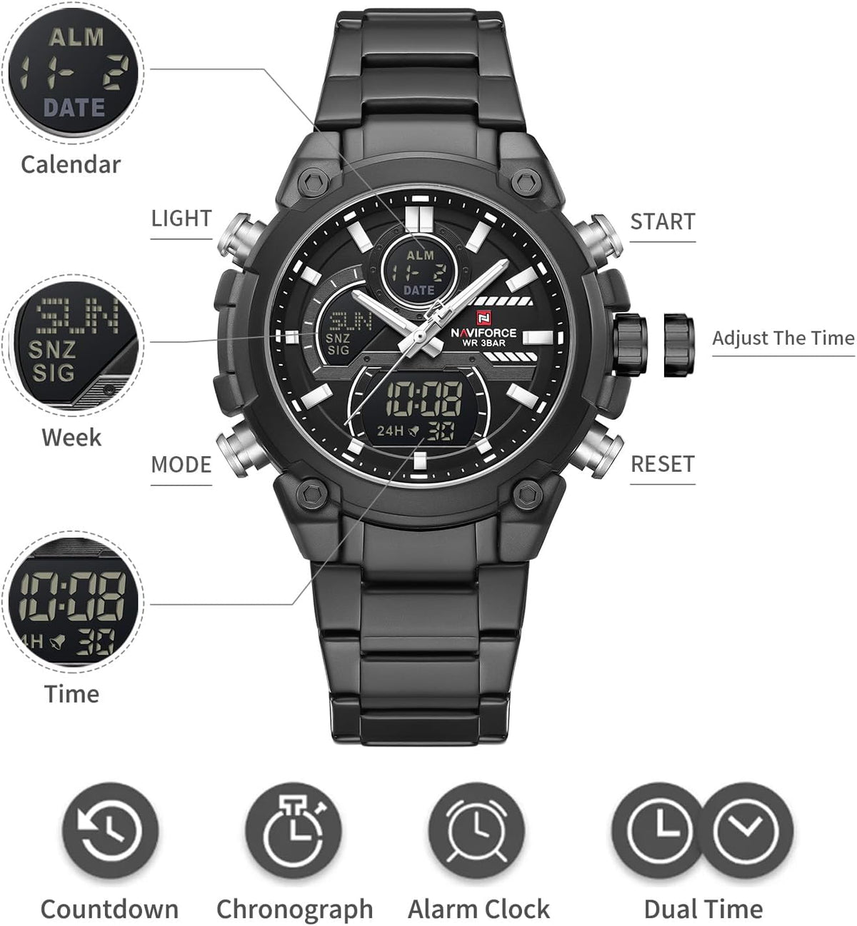 NAVIFORCE Relojes digitales multifunción, reloj analógico impermeable 3ATM para hombres, reloj de pulsera de lujo luminoso, regalo