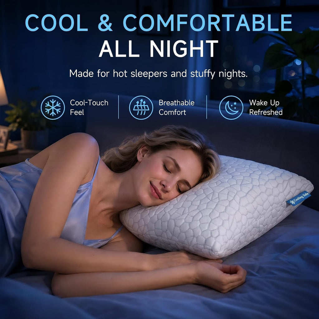 QUTOOL Juego de 2 almohadas refrescantes de espuma viscoelástica triturada CertiPUR-US, tamaño Queen, almohada fresca para personas que duermen con calor, almohada firme ajustable para personas que