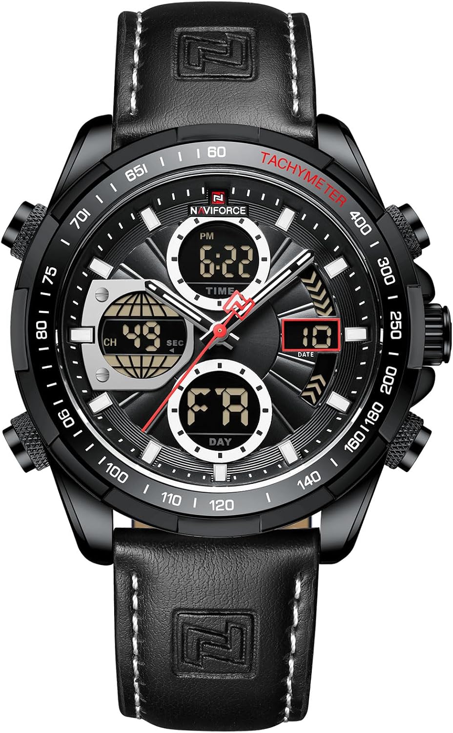NAVIFORCE Relojes militares digitales para hombre, reloj analógico de cuarzo, resistente al agua, deportivo, multifuncional, correa de cuero, reloj de pulsera