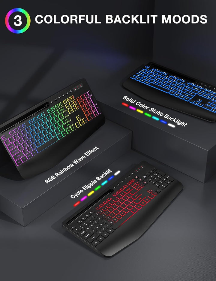 Combo de teclado y mouse inalámbricos, 9 efectos retroiluminados, R...
