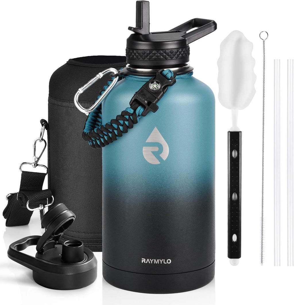 RAYMYLO Botella de acero inoxidable|Aislamiento al vacío de triple pared (fría por hasta 48 horas)|A prueba de fugas|Sin BPA|De 64 oz|Cuerda de paracaídas|Tapa con boquilla y popote