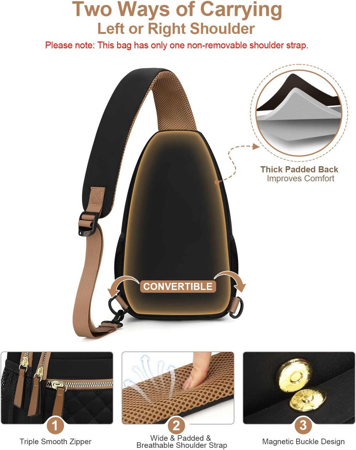 Bolso bandolera para mujeres y hombres, bolsos cruzados impermeables para mujeres, riñonera con correa de hombro convertible para viajes, Negro, Grande