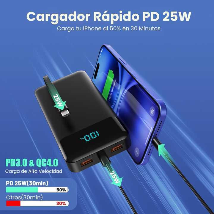 Banco de Energía Cargador Portátil 40800mAh con 3 Cables Integrados...