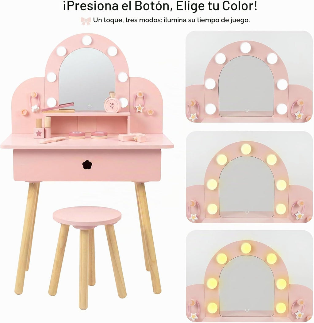 Juego de mesa y silla para niños con espejo iluminado de 3 colores, 11