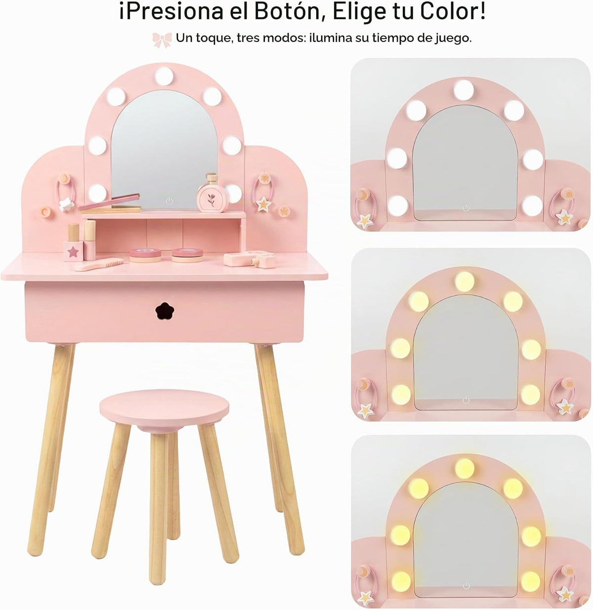 Juego de mesa y silla para niños con espejo iluminado de 3 colores, 11