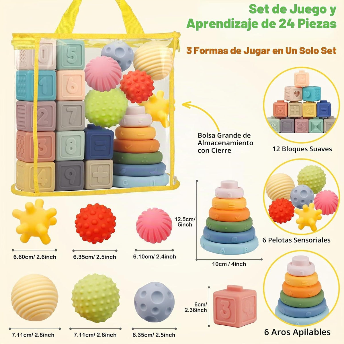 Weilim Montessori - Juguetes para bebé, 3 en 1, bloques apilables suaves