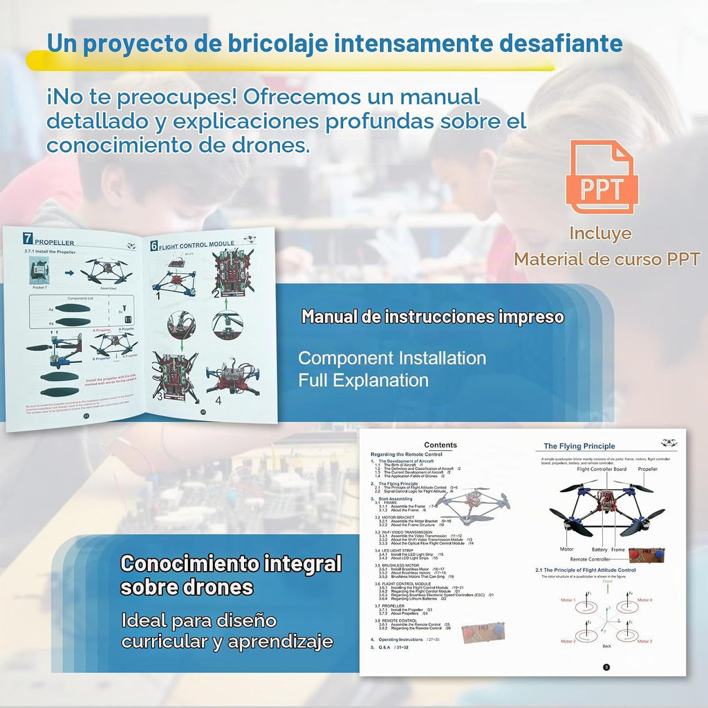 Kit de dron DIY con motor sin escobillas y cámara dual, proyecto de construcción STEM con flujo óptico flotante, giros de 360°, controles de un solo clic para que los principiantes aprendan ingeniería