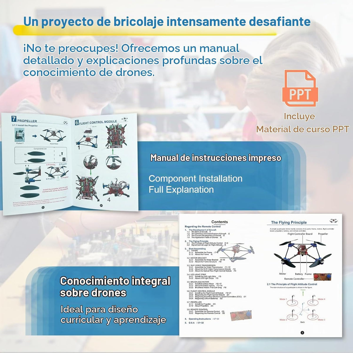 Kit de dron DIY con motor sin escobillas y cámara dual, proyecto de construcción STEM con flujo óptico flotante, giros de 360°, controles de un solo clic para que los principiantes aprendan ingeniería