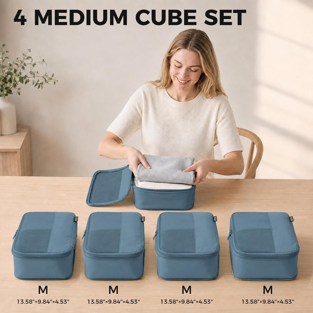 Cubos de embalaje de compresión para viajes, juego de 4 cubos de embalaje ligeros para maletas y mochilas, organizador que ahorra espacio para ropa, Gris Azul 4M