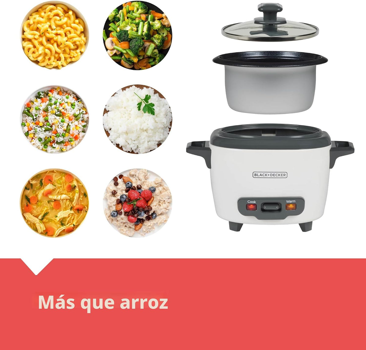 BLACK+DECKER Arrocera de 3 tazas, RC503, 1.5 tazas de arroz crudo, cesta de vapor, cuenco antiadherente extraíble, un toque, blanco