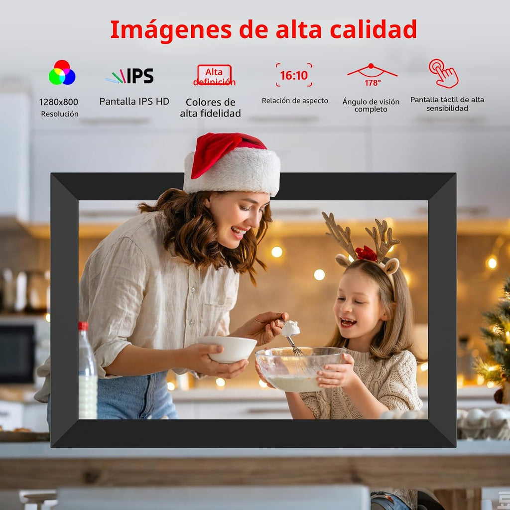 Frameo Marco de fotos digital WiFi de 10.1 pulgadas, marco de fotos digital de 32 GB con pantalla táctil IPS HD de 1280 x 800, montaje en pared con rotación automática, fácil de compartir fotos/videos