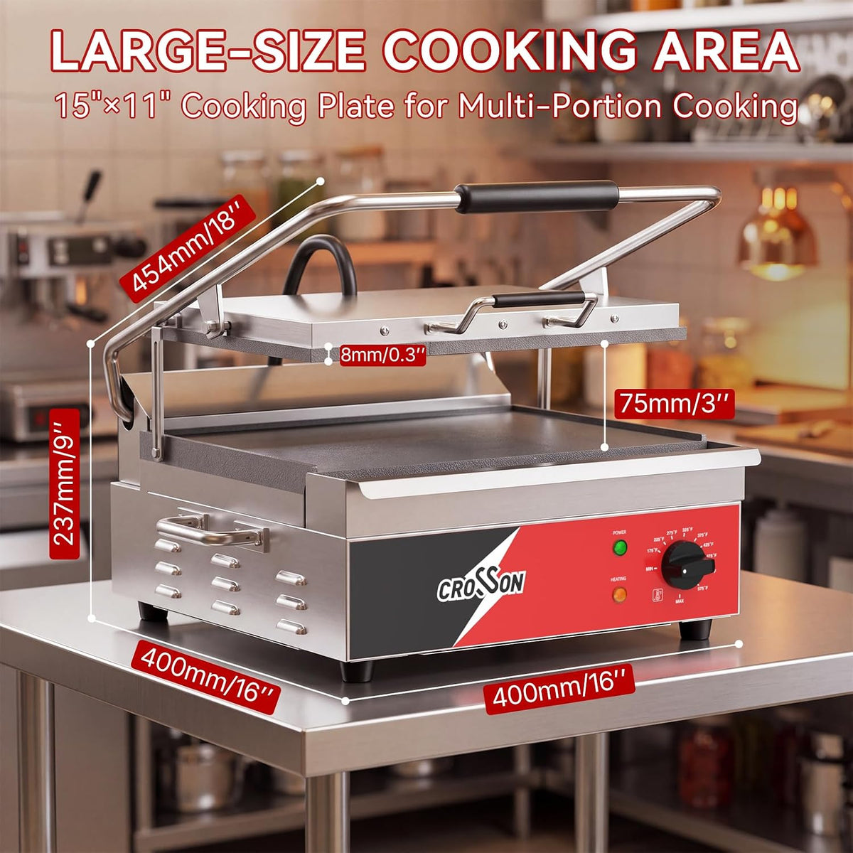 CROSSON Parrilla Panini eléctrica comercial plana con certificación ETL de 15 x 11 pulgadas, placa superior con bisagras de nivelación automática Panini Press Sandwitch Maker