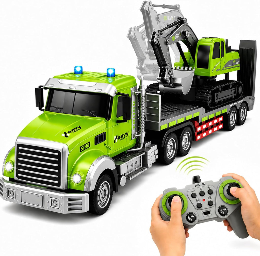 2-en-1 Camión Semi RC a Escala 1:12 y Excavadora con Luces y Sonidos