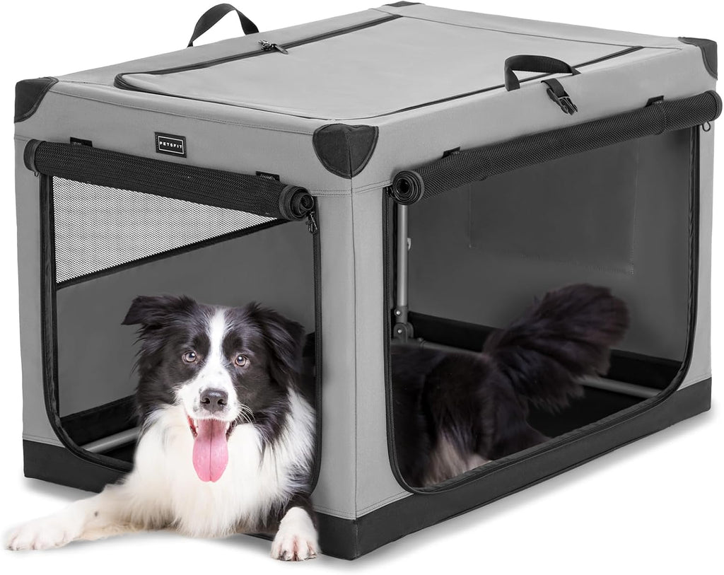 PETSFIT Jaula portátil suave de 36 pulgadas para perros – Marco resistente en espiral patentado, perrera plegable para perros medianos y grandes, 3 puertas de malla, cremalleras con cerradura