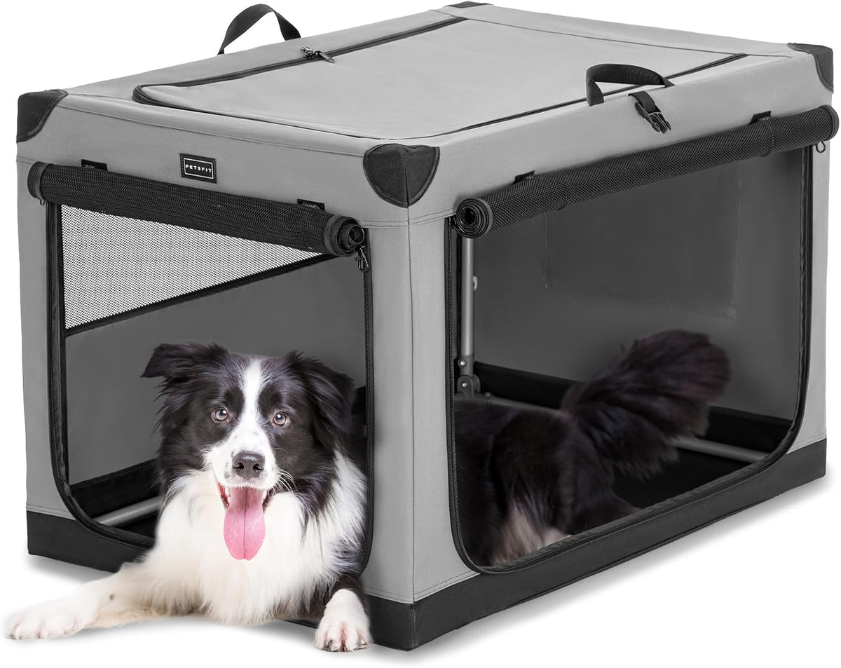 PETSFIT Jaula portátil suave de 36 pulgadas para perros – Marco resistente en espiral patentado, perrera plegable para perros medianos y grandes, 3 puertas de malla, cremalleras con cerradura