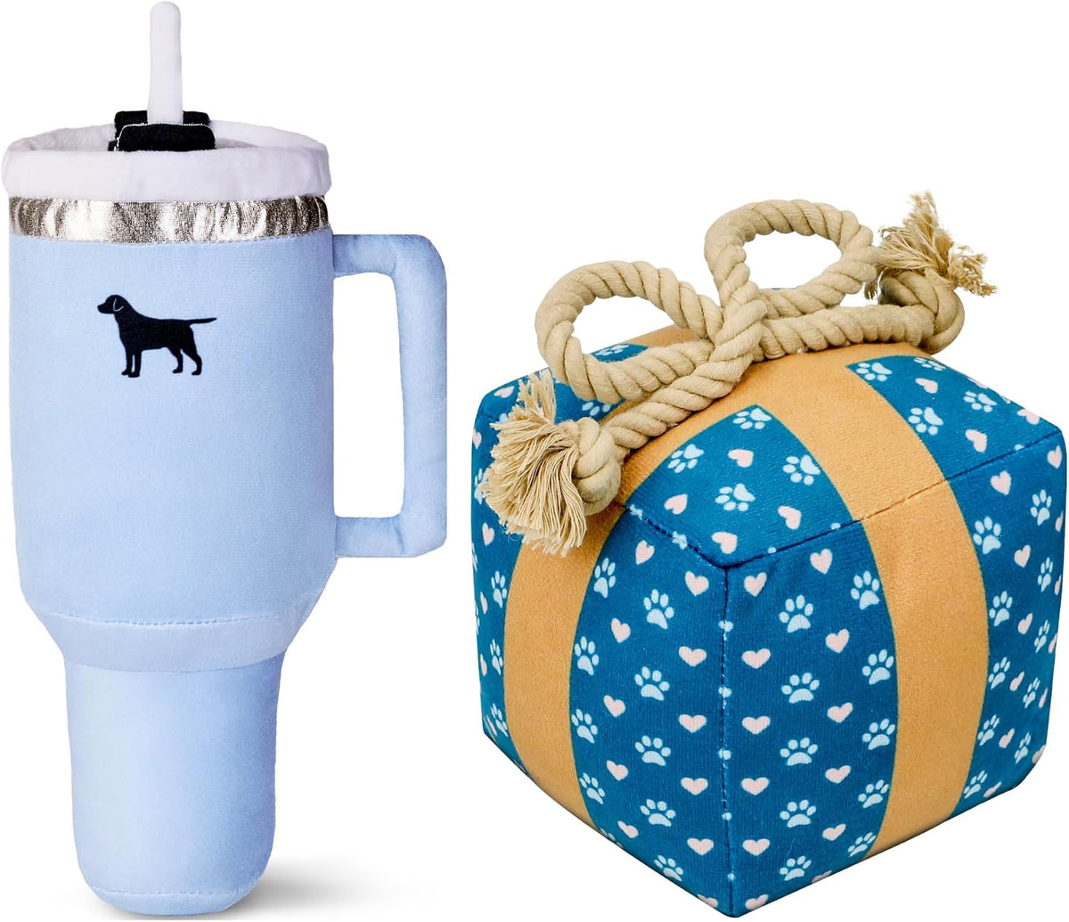 PUPROAR Vaso y caja de regalo de cumpleaños, paquete de juguetes para perros, juguetes ideales para cumpleaños, chirriante y felpa