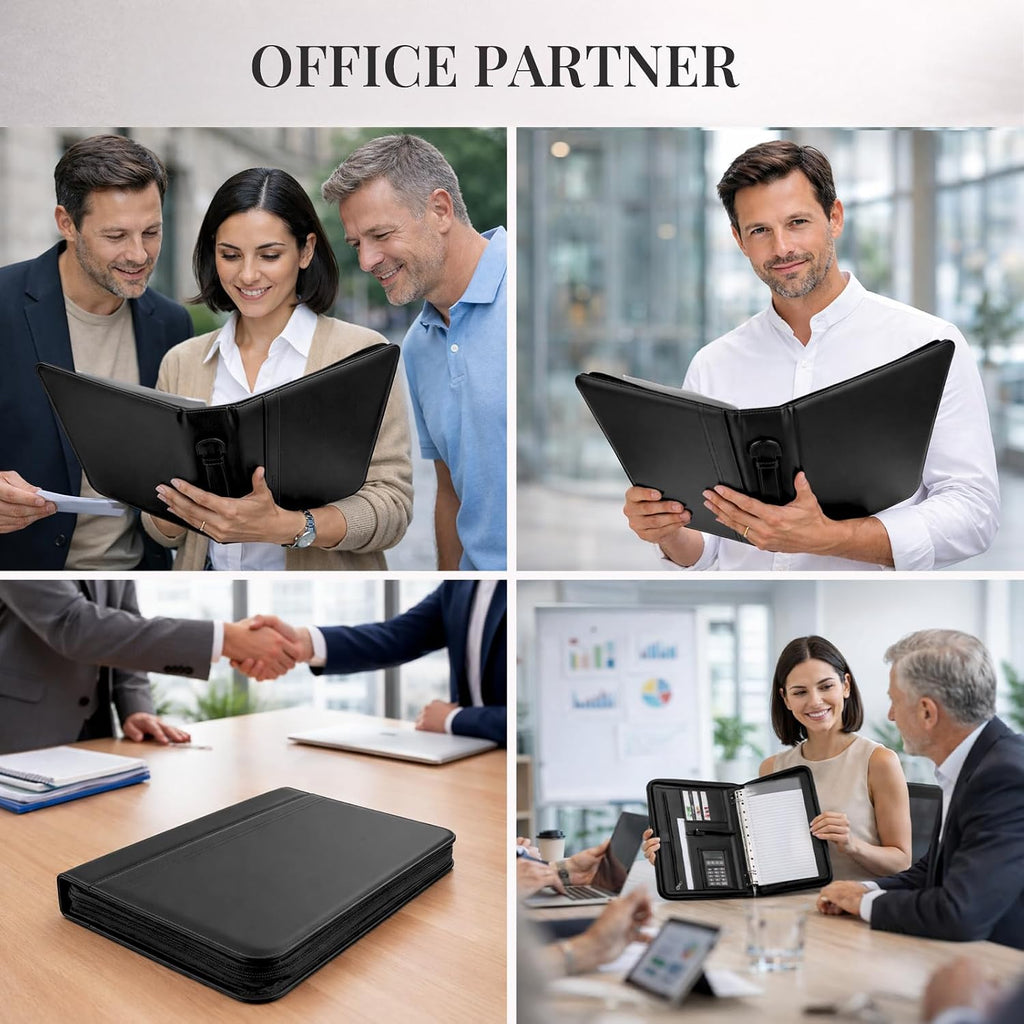 Carpeta de piel sintética con asa y calculadora solar, organizador de carpetas de 3 anillos con cremallera con bloc de notas y portapapeles, cuaderno profesional de currículum de negocios para