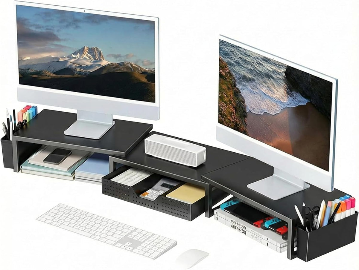 Organizadores de escritorio y accesorios, soporte elevador de monitor doble con cajón y 2 soportes para bolígrafos, estante de escritorio para computadora y soporte de impresora para