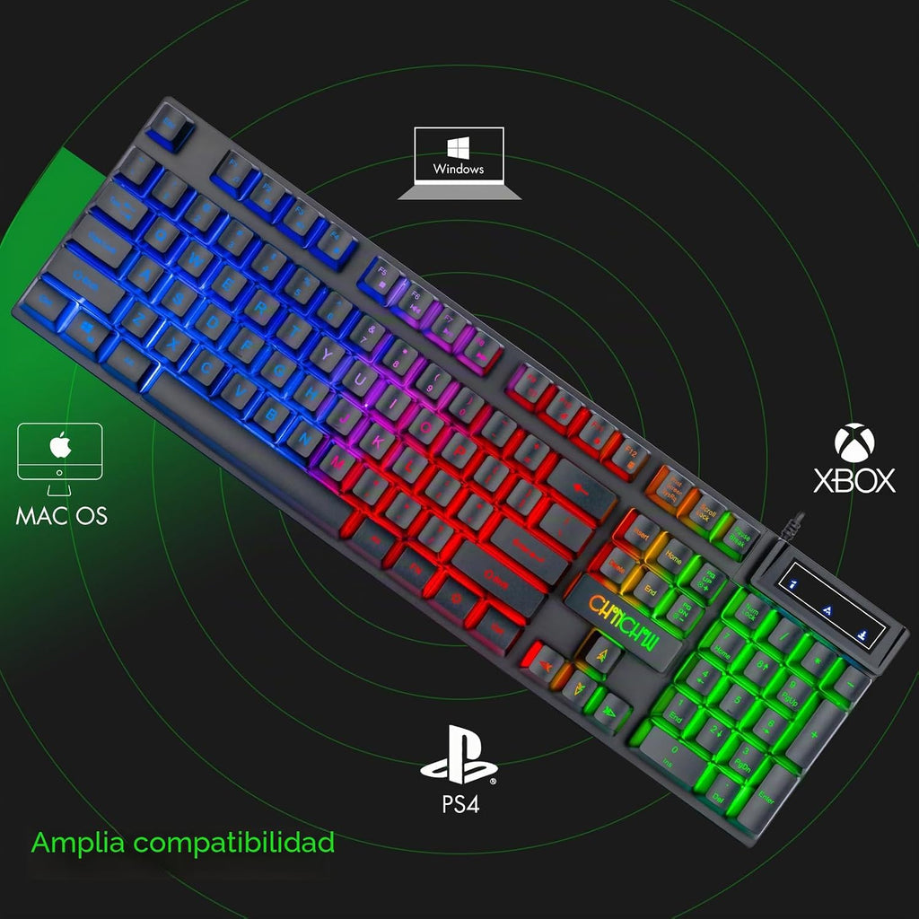 CHONCHOW Teclado y Ratón Gaming con Retroiluminación LED USB Cableado con Iluminación 104 Teclas 3600DPI 2 Botones Laterales Ratón Teclado Sensación Mecánica Compatible con PC Mac OS Xbox Ps4 Ps5 con