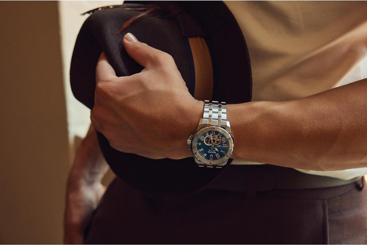 Bulova Marc Anthony Reloj Automático Marine Star de Acero Inoxidable para Hombre, Apertura Abierta, Parte Posterior de Caja de Exhibición, Esfera Azul Sunray con Acento de Diamante, (Modelo: 98D184)