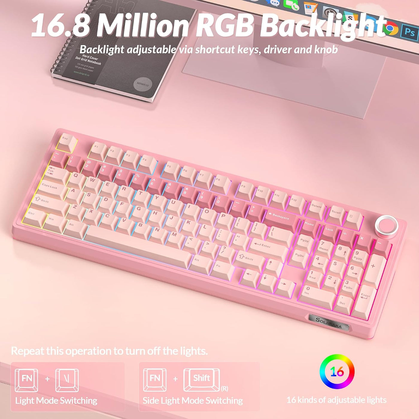 SOLAKAKA Teclado mecánico inalámbrico KI99 Pro 96% (rosa, interrupt...