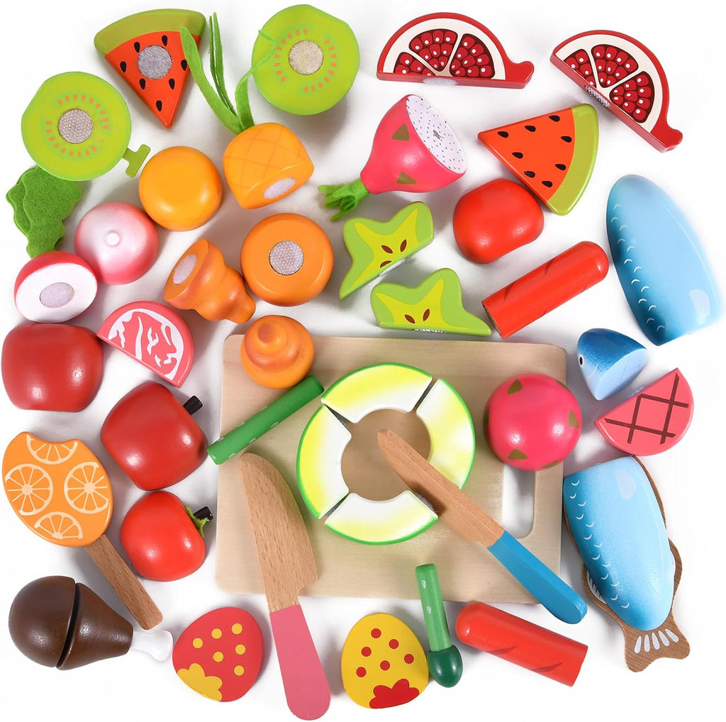 WHOLL - Juego de 45 piezas de comida de madera para niños, juguetes de