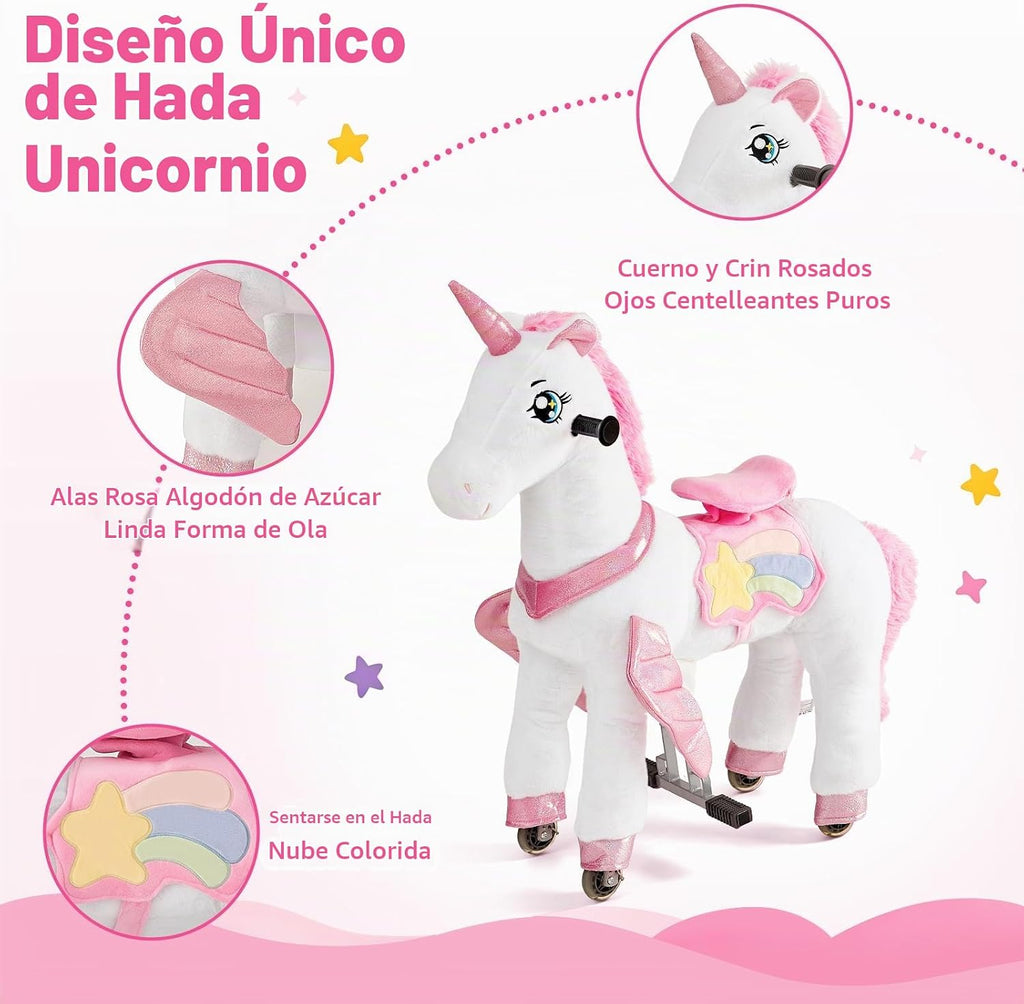 FUNLIO Caballo de unicornio para niños de 3 a 6 años, juguetes de felpa con ruedas para jugar en interiores y exteriores, fácil de montar, certificado CPC y CE, pequeño