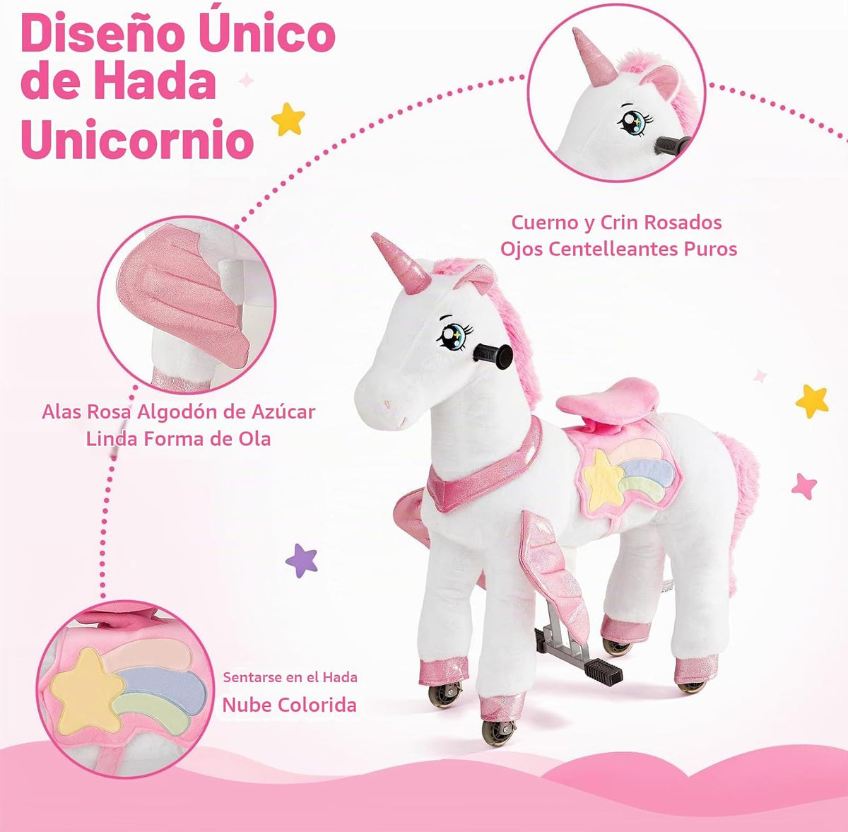 FUNLIO Caballo de unicornio para niños de 3 a 6 años, juguetes de felpa con ruedas para jugar en interiores y exteriores, fácil de montar, certificado CPC y CE, pequeño