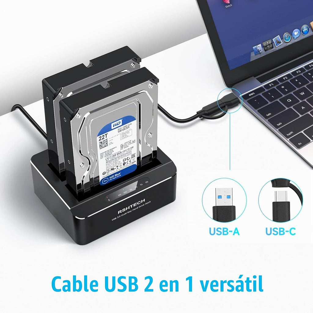 RSHTECH Estación de acoplamiento de disco duro de doble bahía USB-C/USB 3.0