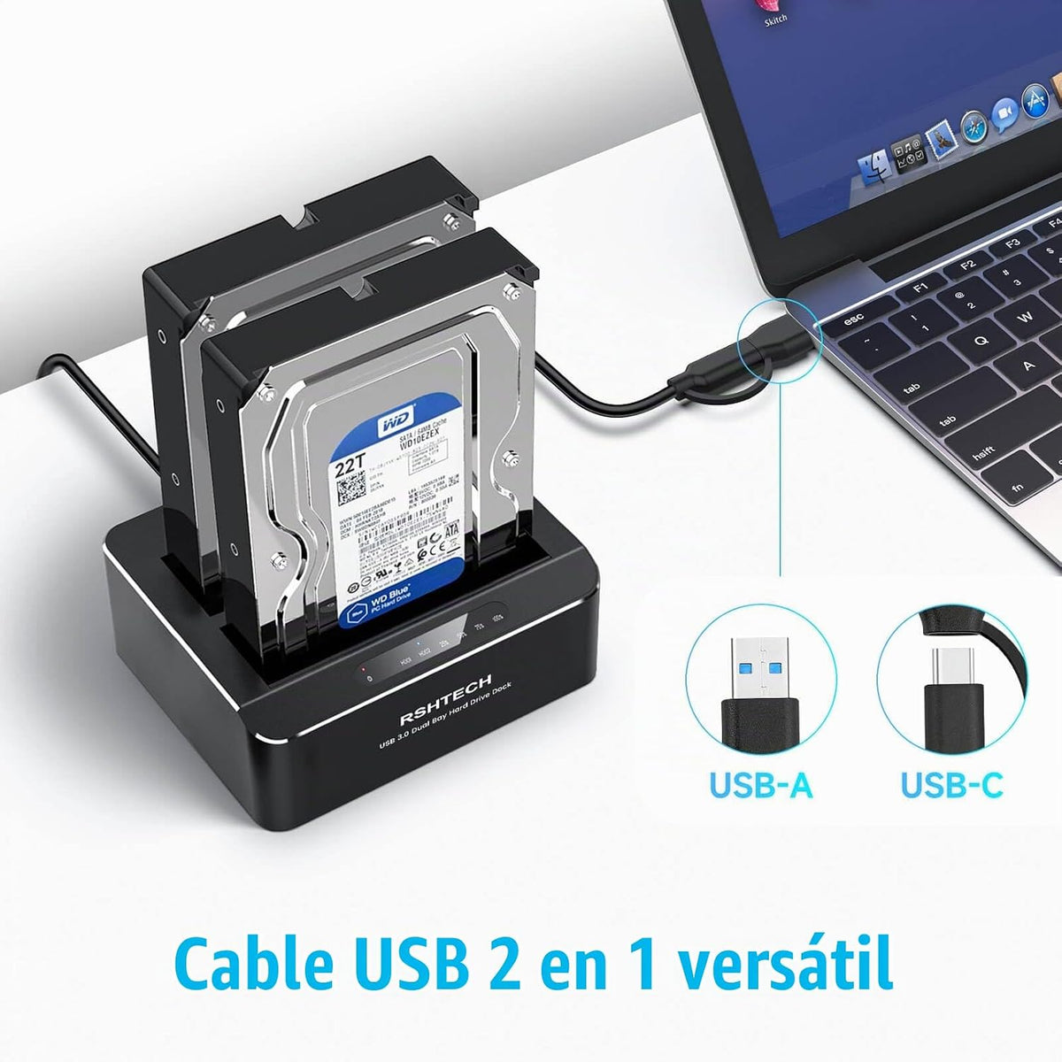 RSHTECH Estación de acoplamiento de disco duro de doble bahía USB-C/USB 3.0