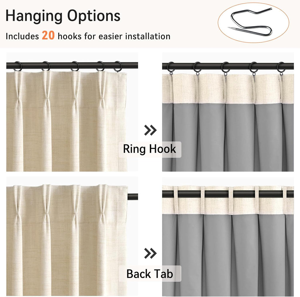 Cortinas plisadas de lino totalmente opacas color crema de 96 pulgadas de