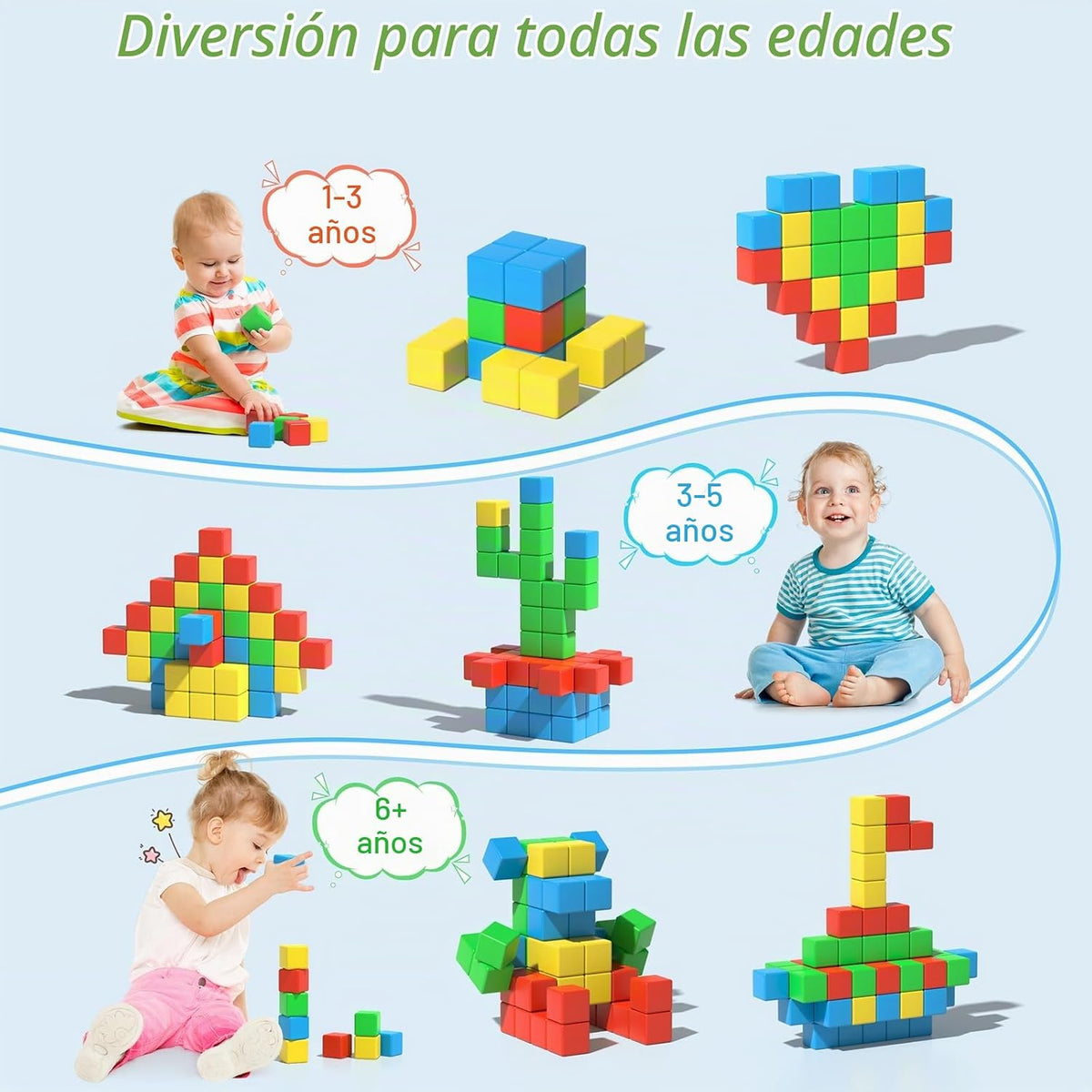 Bloques magnéticos grandes, 56 cubos de construcción 3D de 1.34