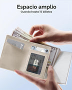 Cartera mejorada 2026 para hombre, bloqueo RFID [desplegable suavemente] Soporte para tarjetas de crédito minimalista triple billetera delgada de metal y ranura para efectivo, cartera de bolsillo