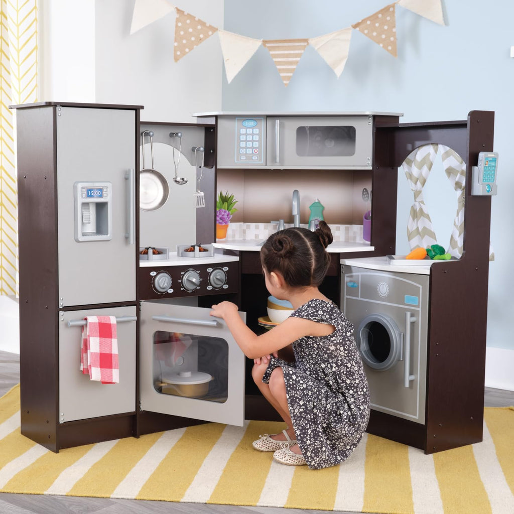 KidKraft Ultimate - Cocina de esquina de madera con luces y sonidos, teléfono de juego y cortinas, Espresso, regalo para niños de 3 años en adelante
