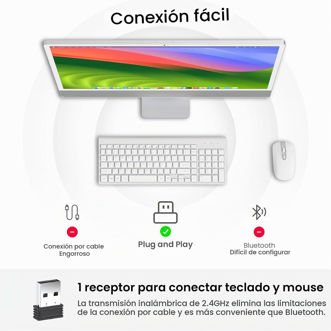 cimetech Combo de teclado y mouse inalámbricos - Blanco plateado |...