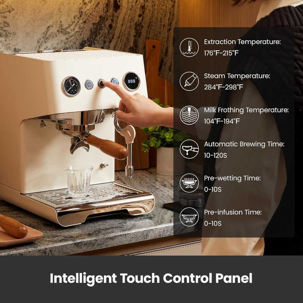 Gemilai G3028A - Máquina de café expreso, cafetera profesional de 15 bares con presión ajustable y espumador de leche automático, doble PID y caldera de 18.6 fl oz, tanque de 57 onzas, acero inoxidable para capuchino, color blanco latte
