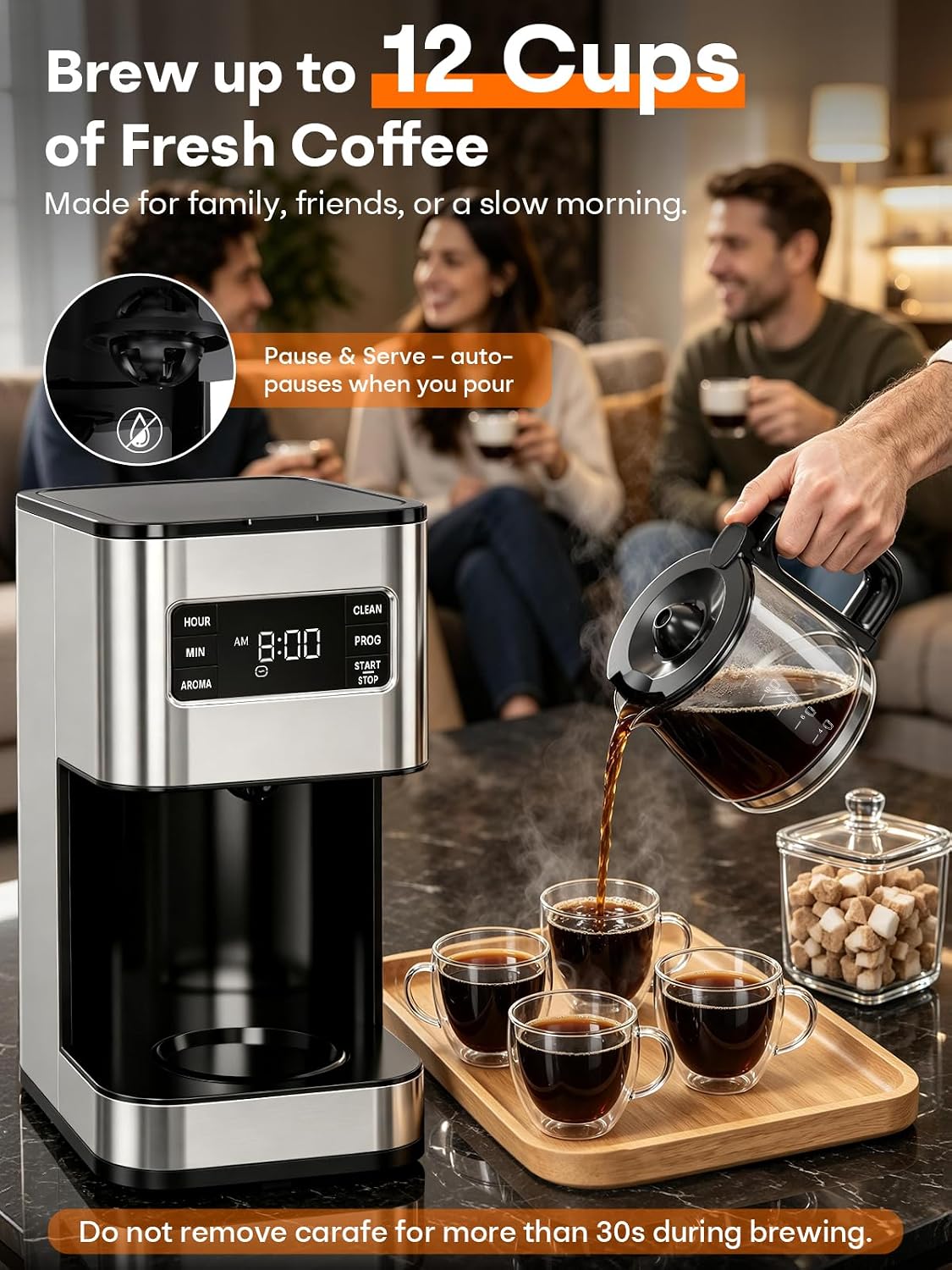 Cafetera de goteo de 12 tazas programable, regular y fuerte, pantalla LED