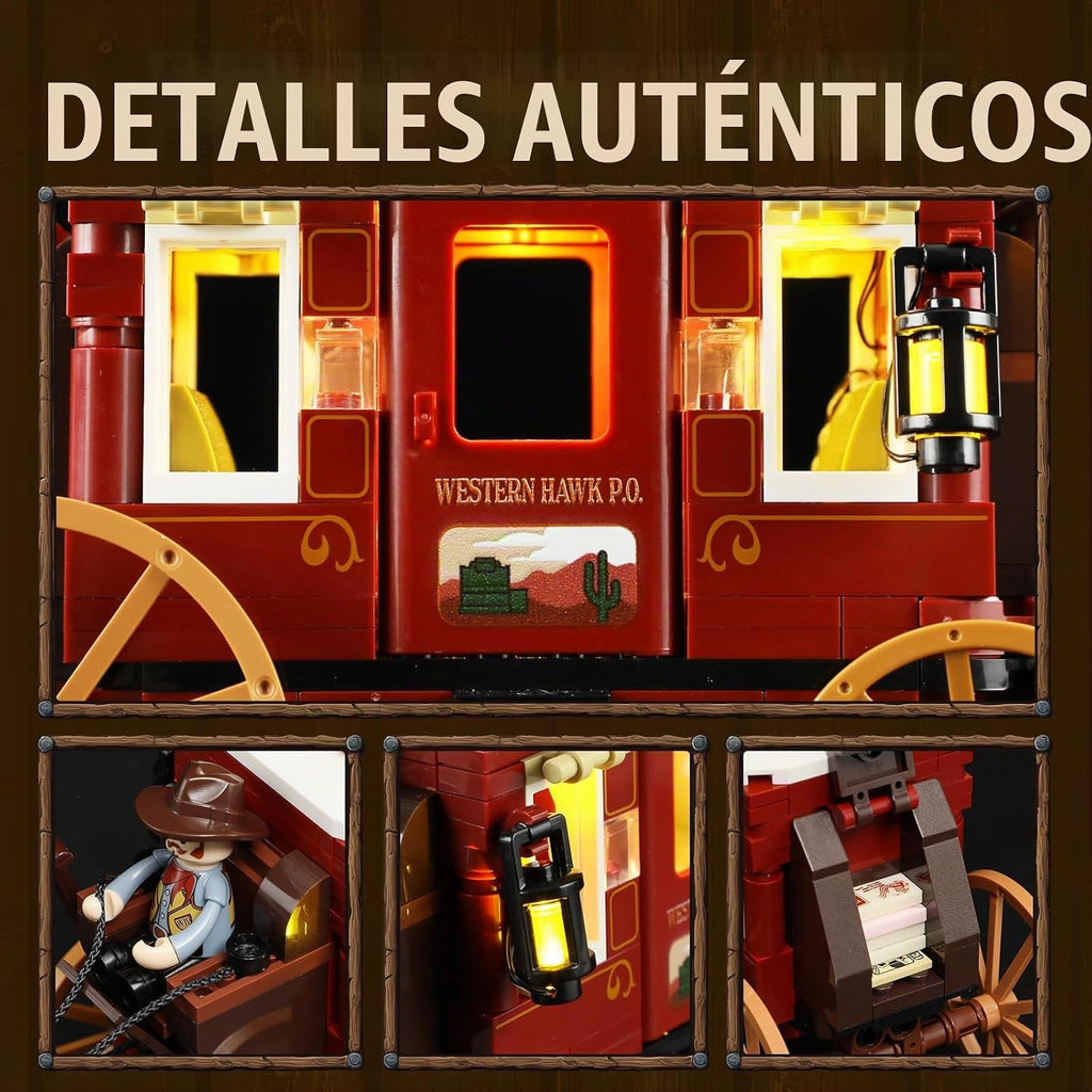 Lámpara Lumibricks Western Stagecoach Lighting - Juego de ladrillos de construcción – Carruaje y caballo del viejo oeste 293 piezas colección juego de exhibición para amantes del oeste