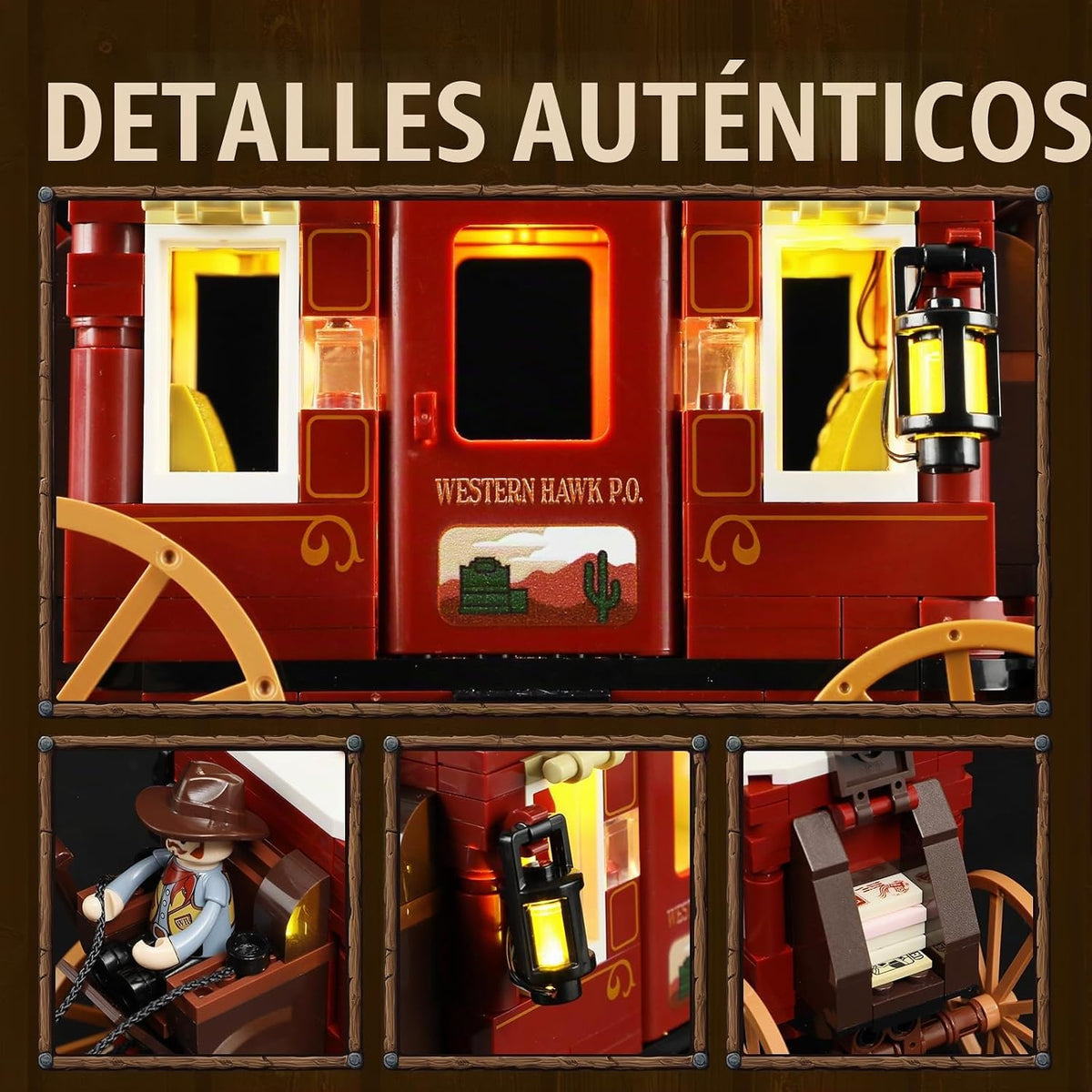 Lámpara Lumibricks Western Stagecoach Lighting - Juego de ladrillos de construcción – Carruaje y caballo del viejo oeste 293 piezas colección juego de exhibición para amantes del oeste