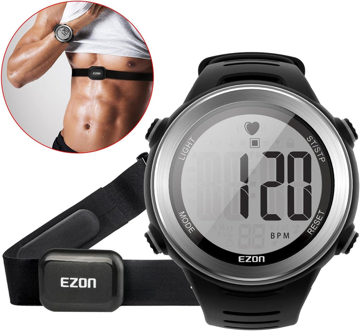 Monitor de frecuencia cardíaca y correa de pecho, monitor de frecuencia cardíaca de ejercicio, reloj deportivo con HRM, impermeable, cronómetro, timbre por hora T007